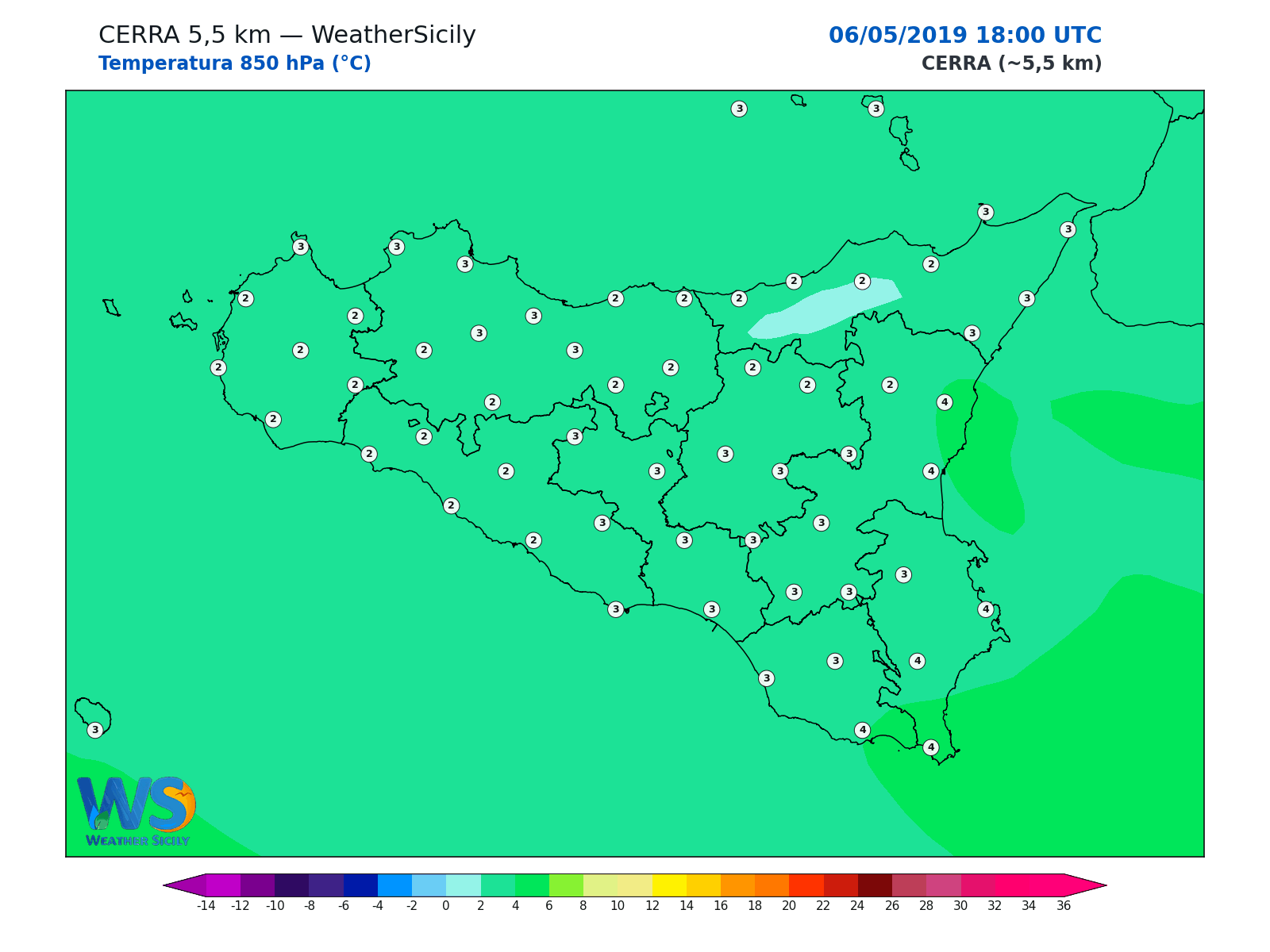 Temperatura a 850 hPa · 2019050618
