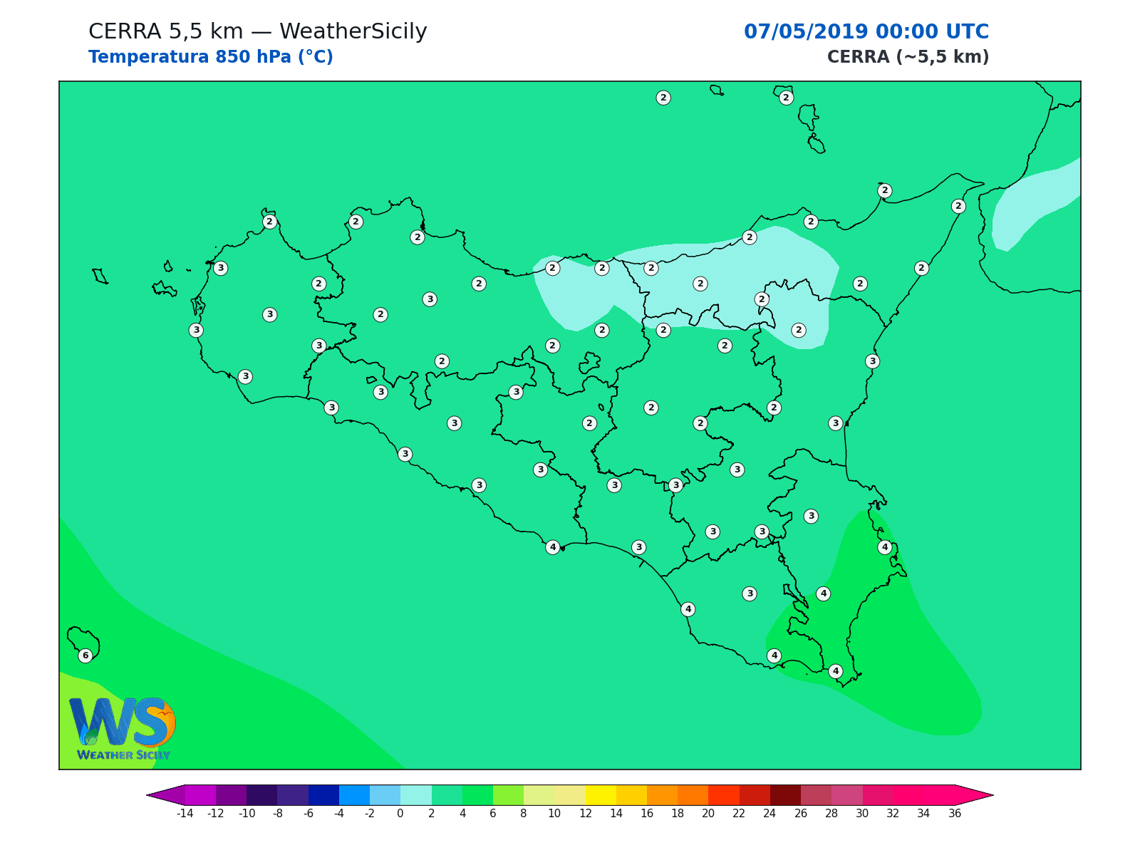 Temperatura a 850 hPa · 2019050700
