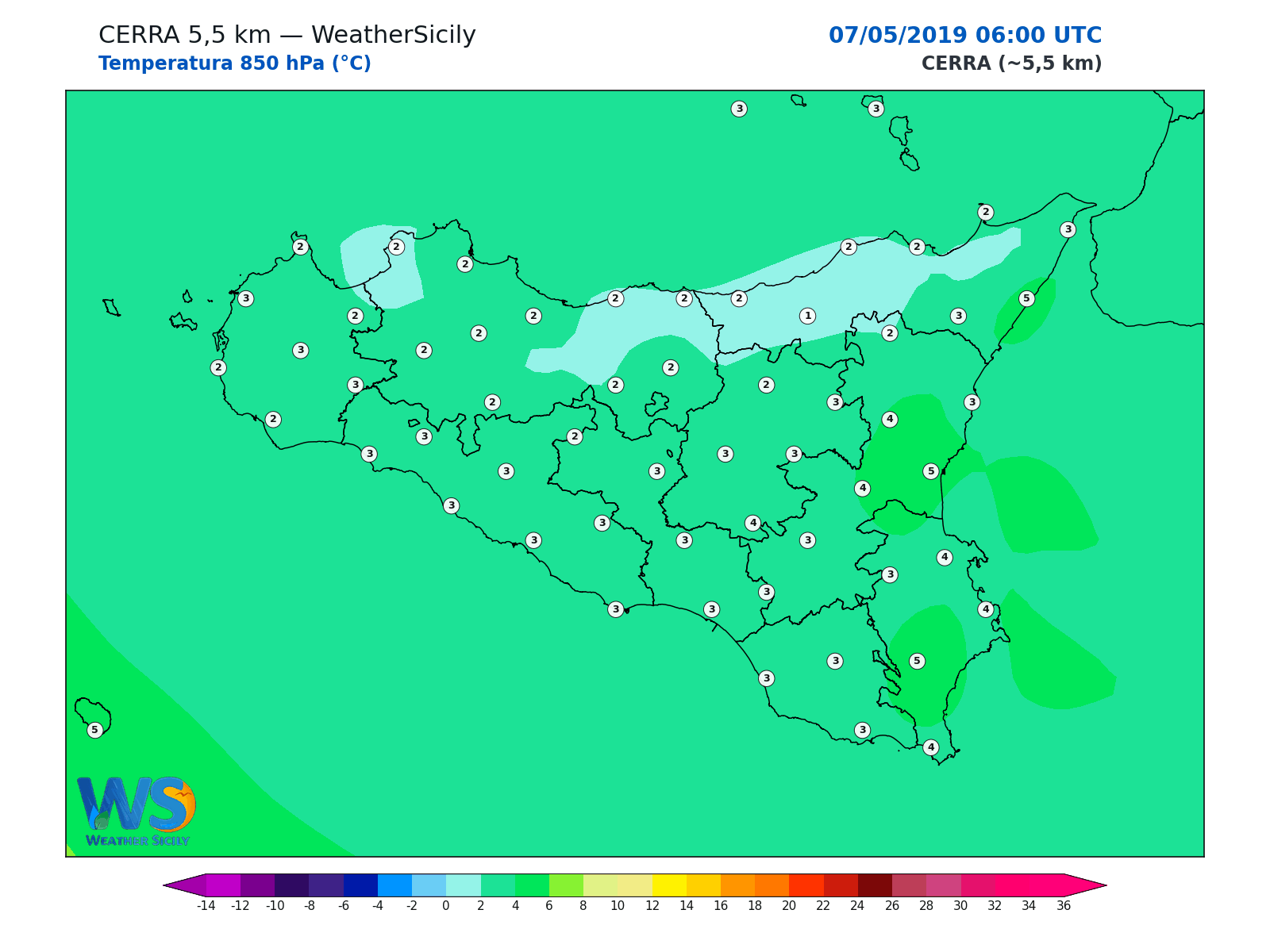 Temperatura a 850 hPa · 2019050706