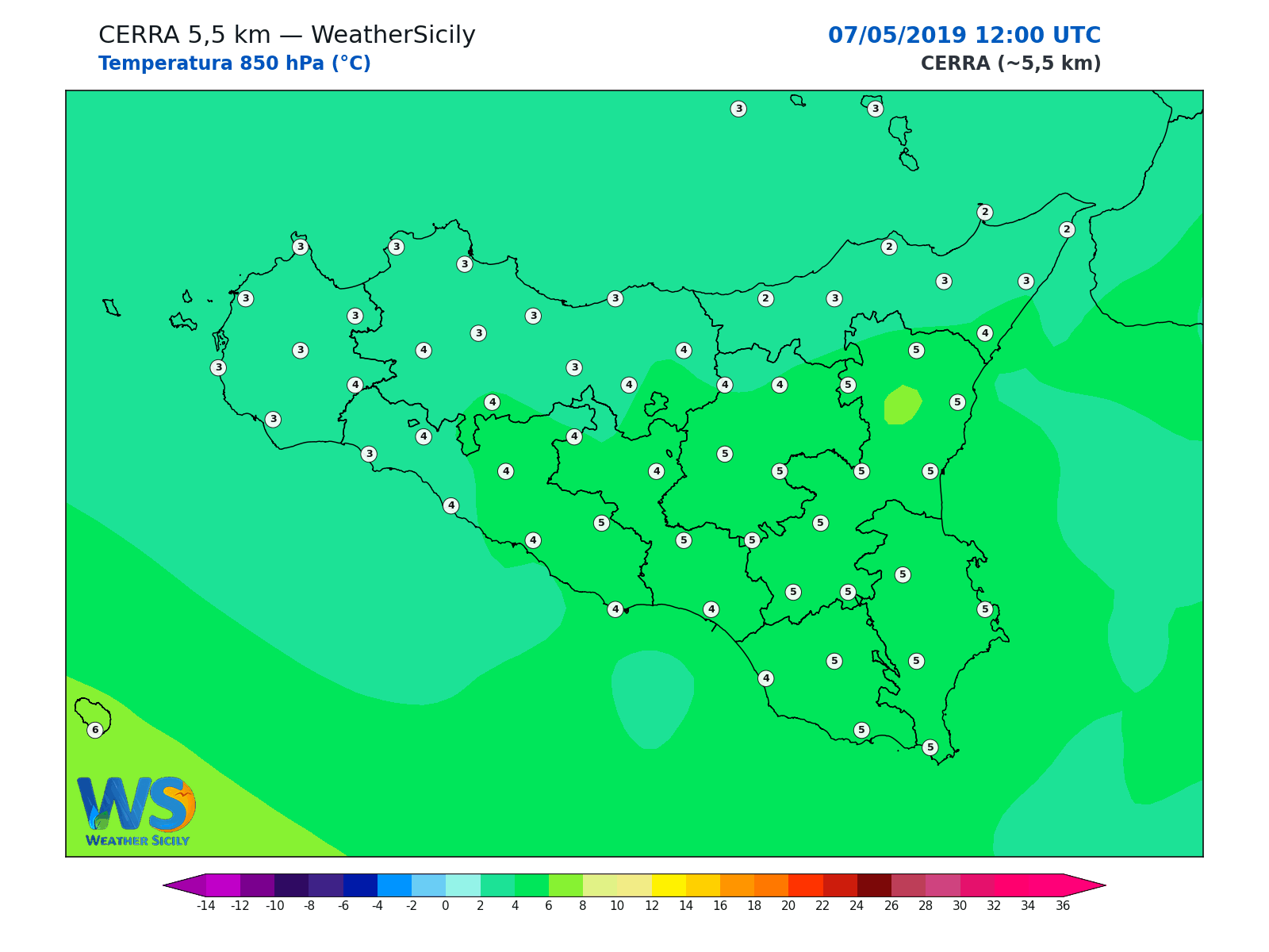 Temperatura a 850 hPa · 2019050712