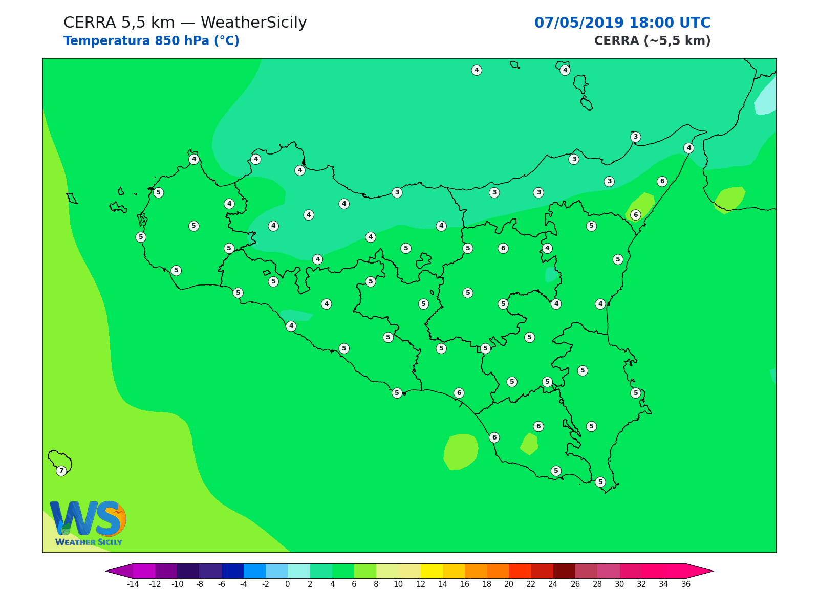 Temperatura a 850 hPa · 2019050718