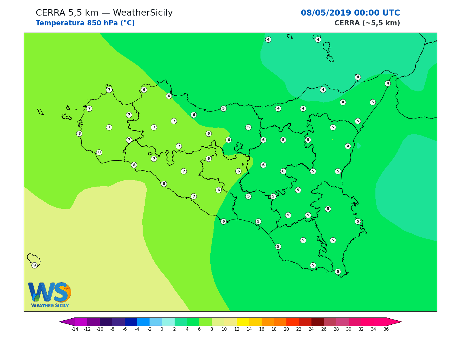 Temperatura a 850 hPa · 2019050800