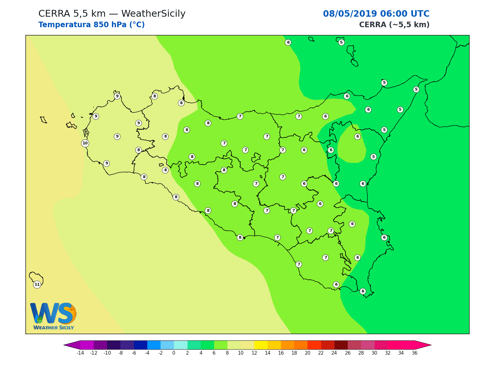 Temperatura a 850 hPa · 2019050806