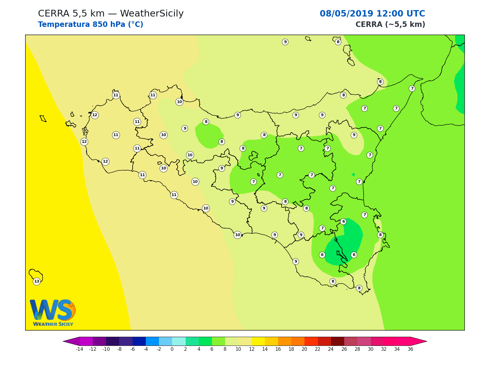 Temperatura a 850 hPa · 2019050812