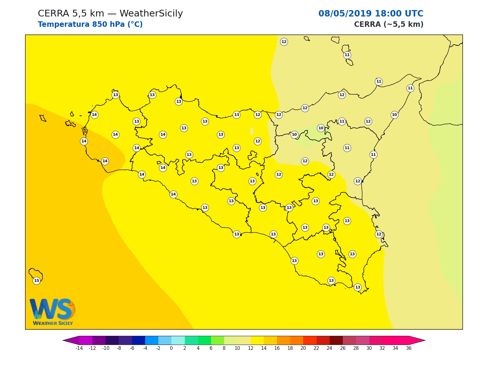 Temperatura a 850 hPa · 2019050818