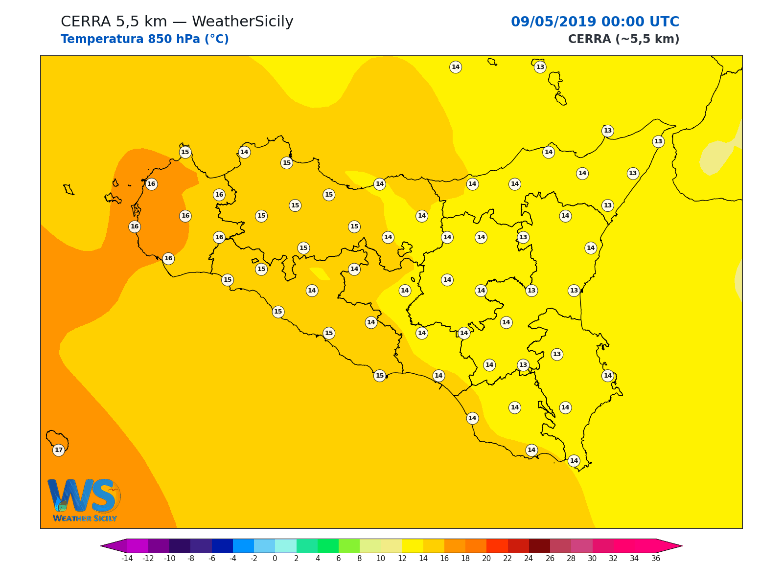 Temperatura a 850 hPa · 2019050900