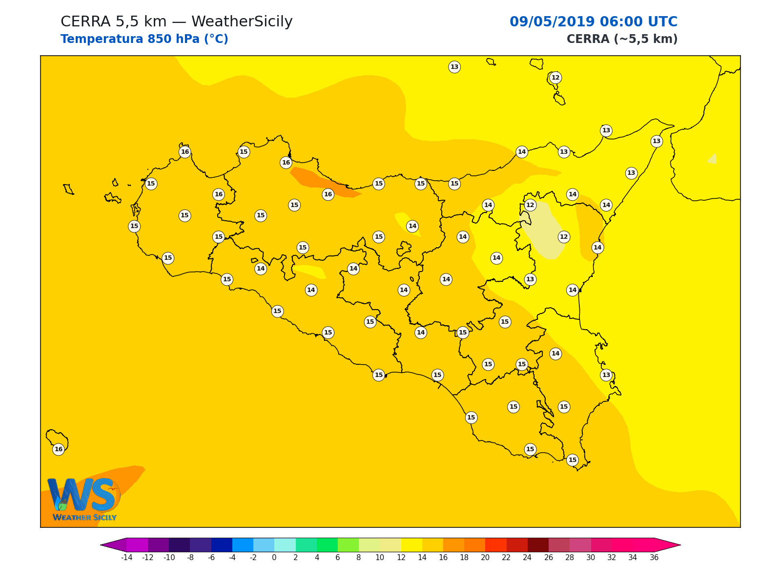Temperatura a 850 hPa · 2019050906