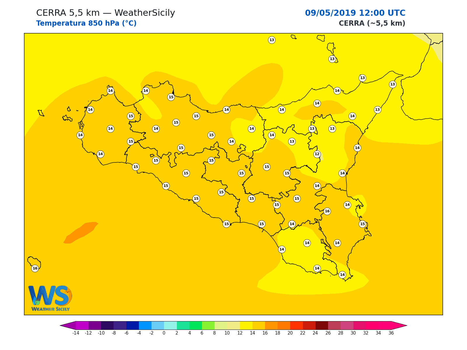Temperatura a 850 hPa · 2019050912
