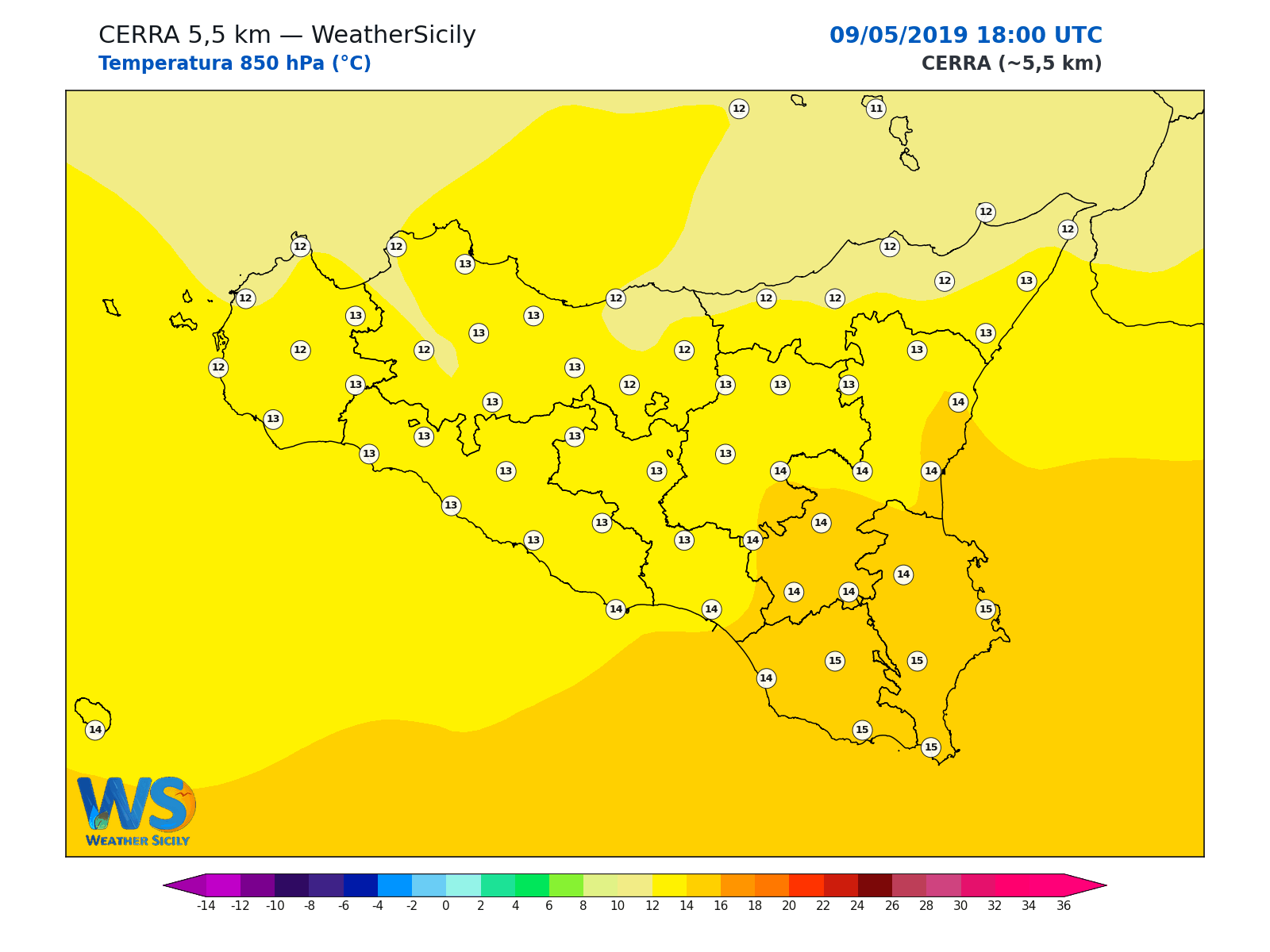 Temperatura a 850 hPa · 2019050918