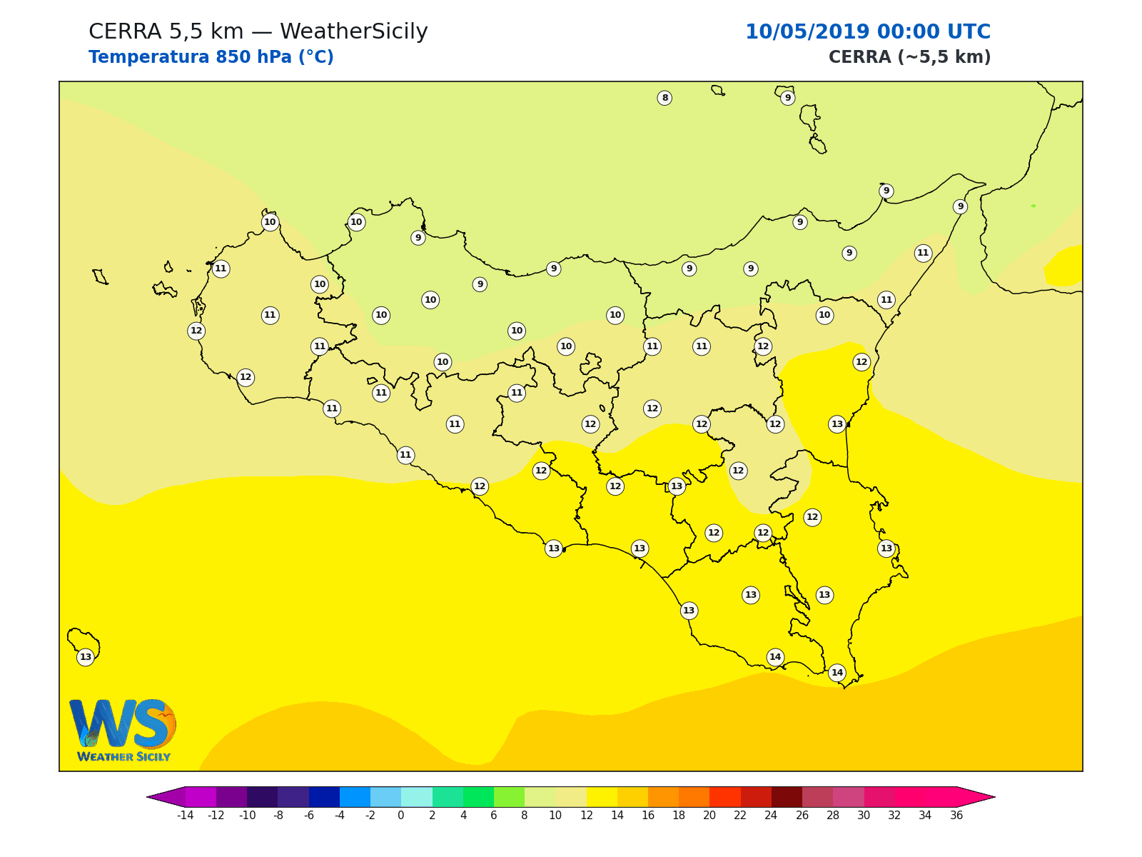 Temperatura a 850 hPa · 2019051000