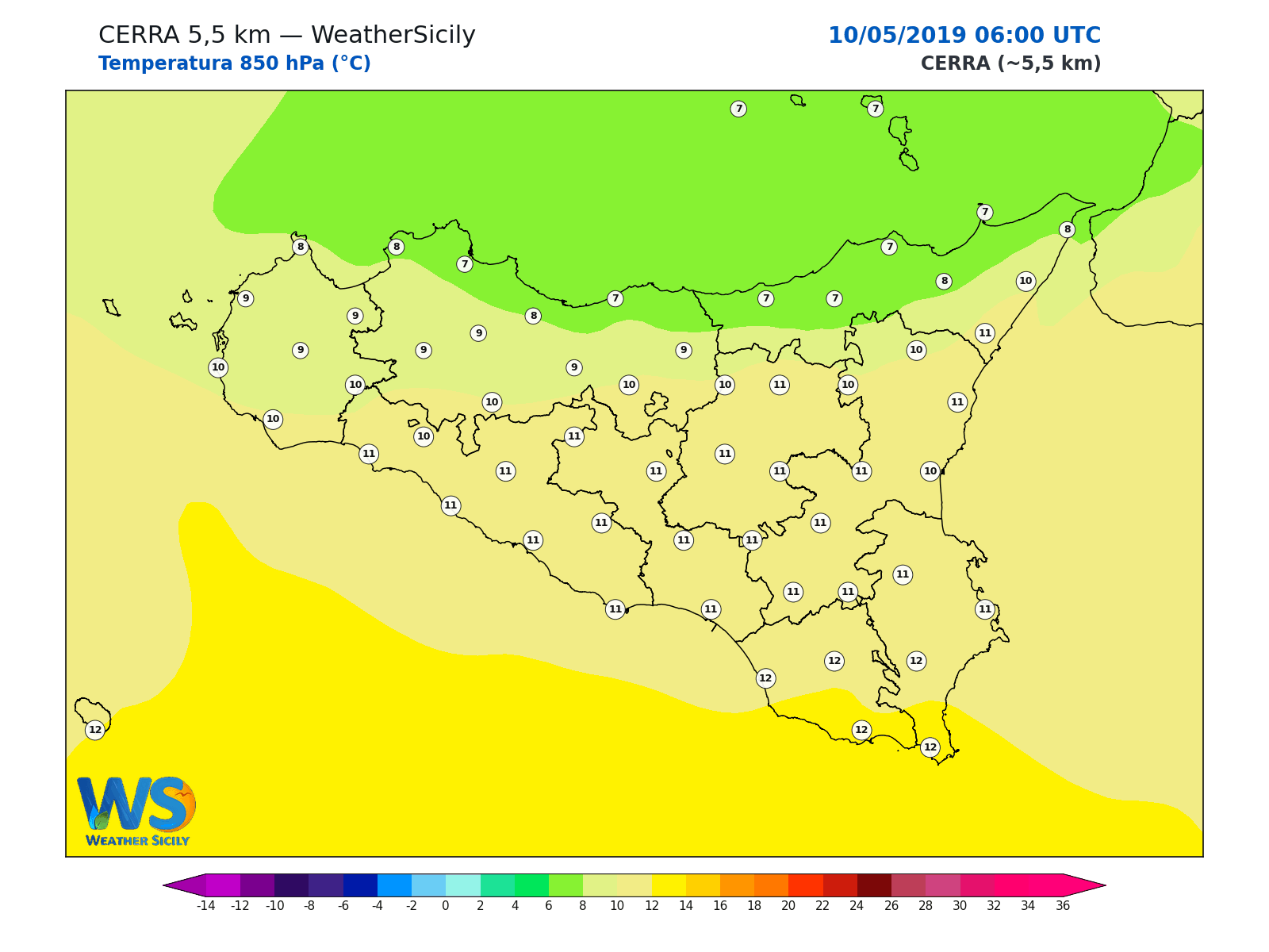 Temperatura a 850 hPa · 2019051006