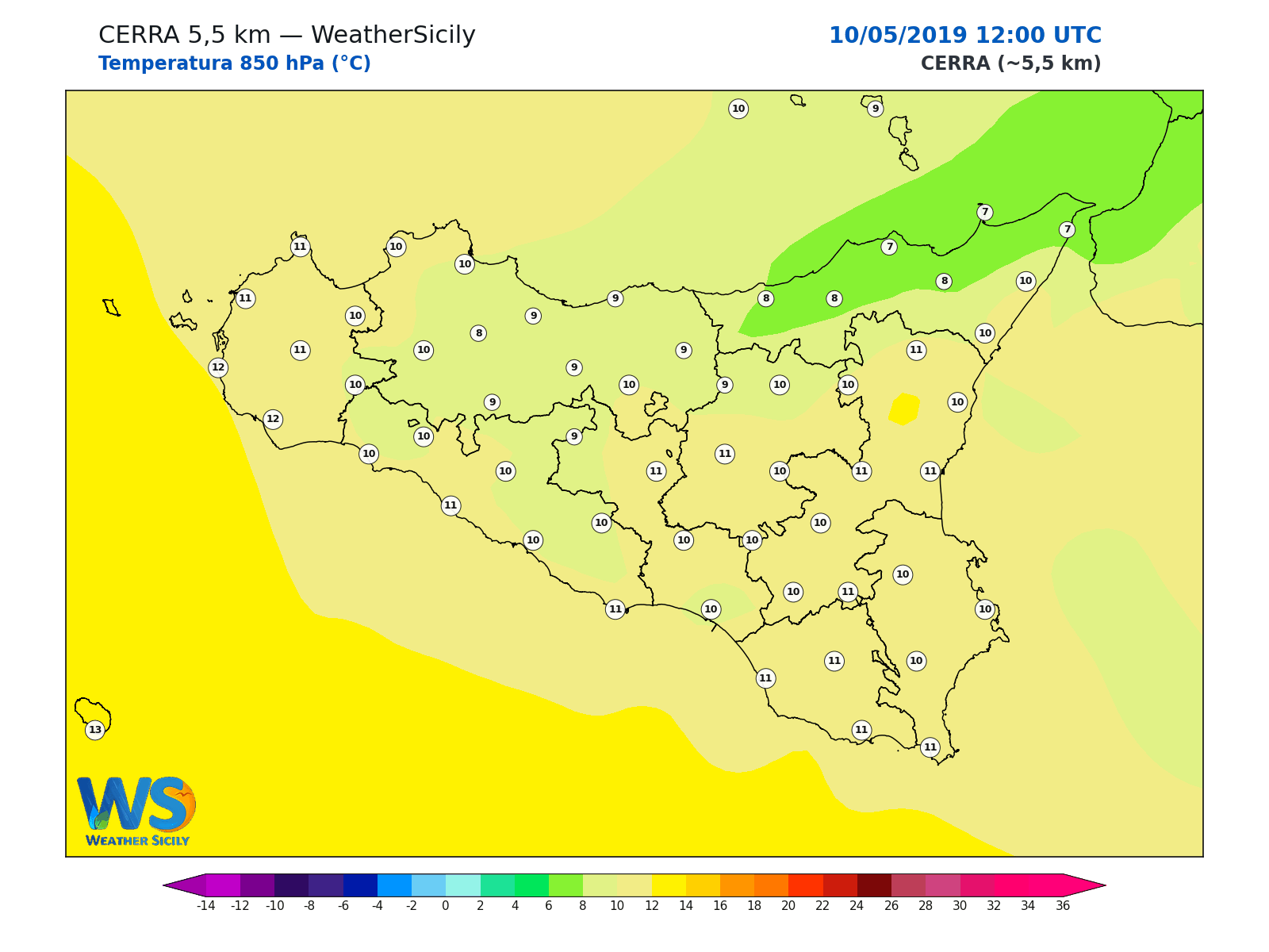 Temperatura a 850 hPa · 2019051012