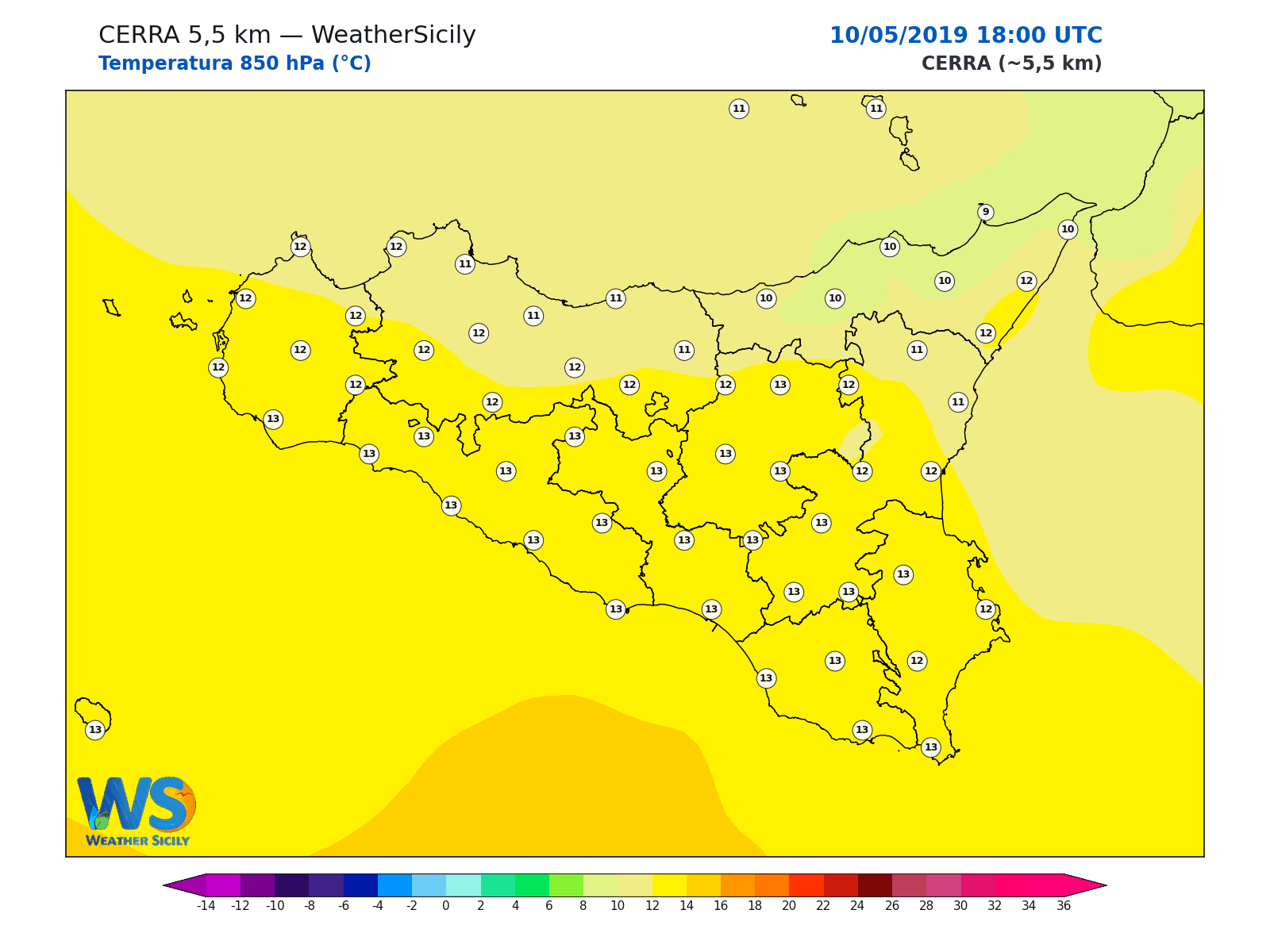 Temperatura a 850 hPa · 2019051018