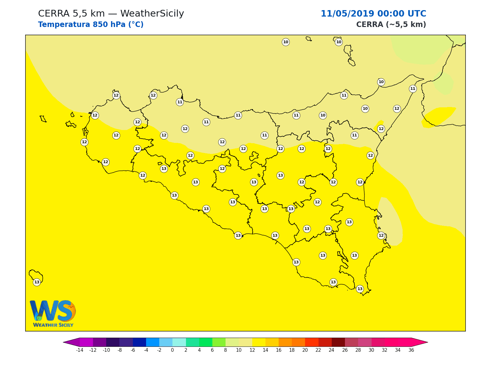 Temperatura a 850 hPa · 2019051100