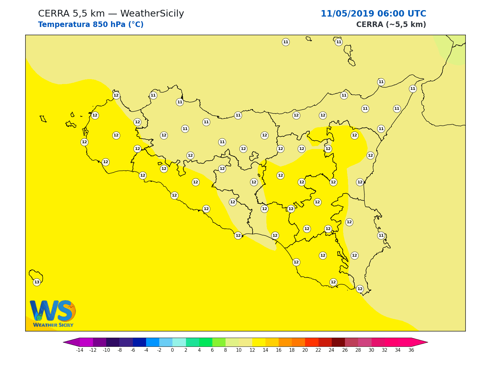 Temperatura a 850 hPa · 2019051106