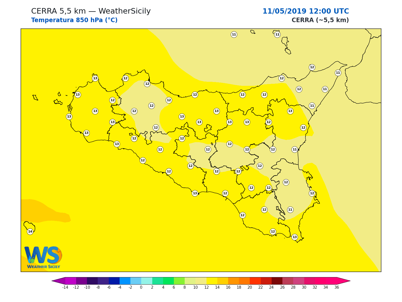 Temperatura a 850 hPa · 2019051112