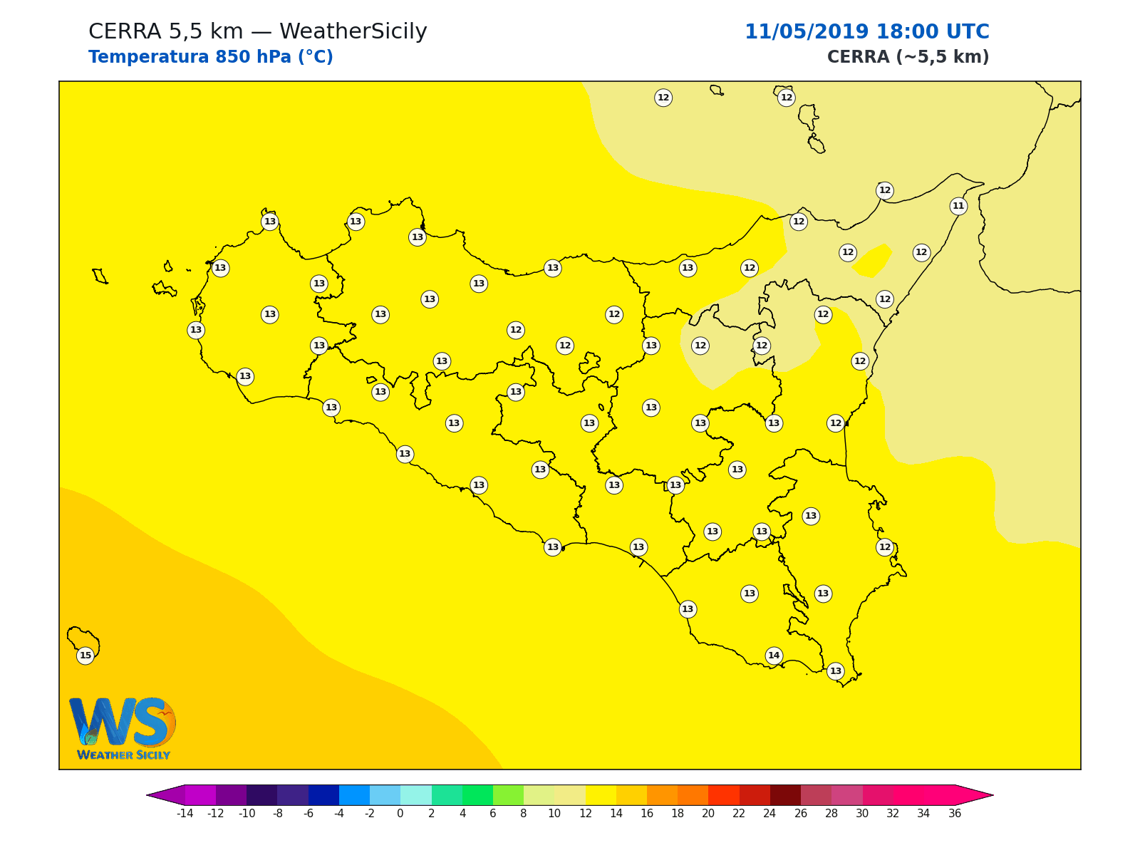 Temperatura a 850 hPa · 2019051118
