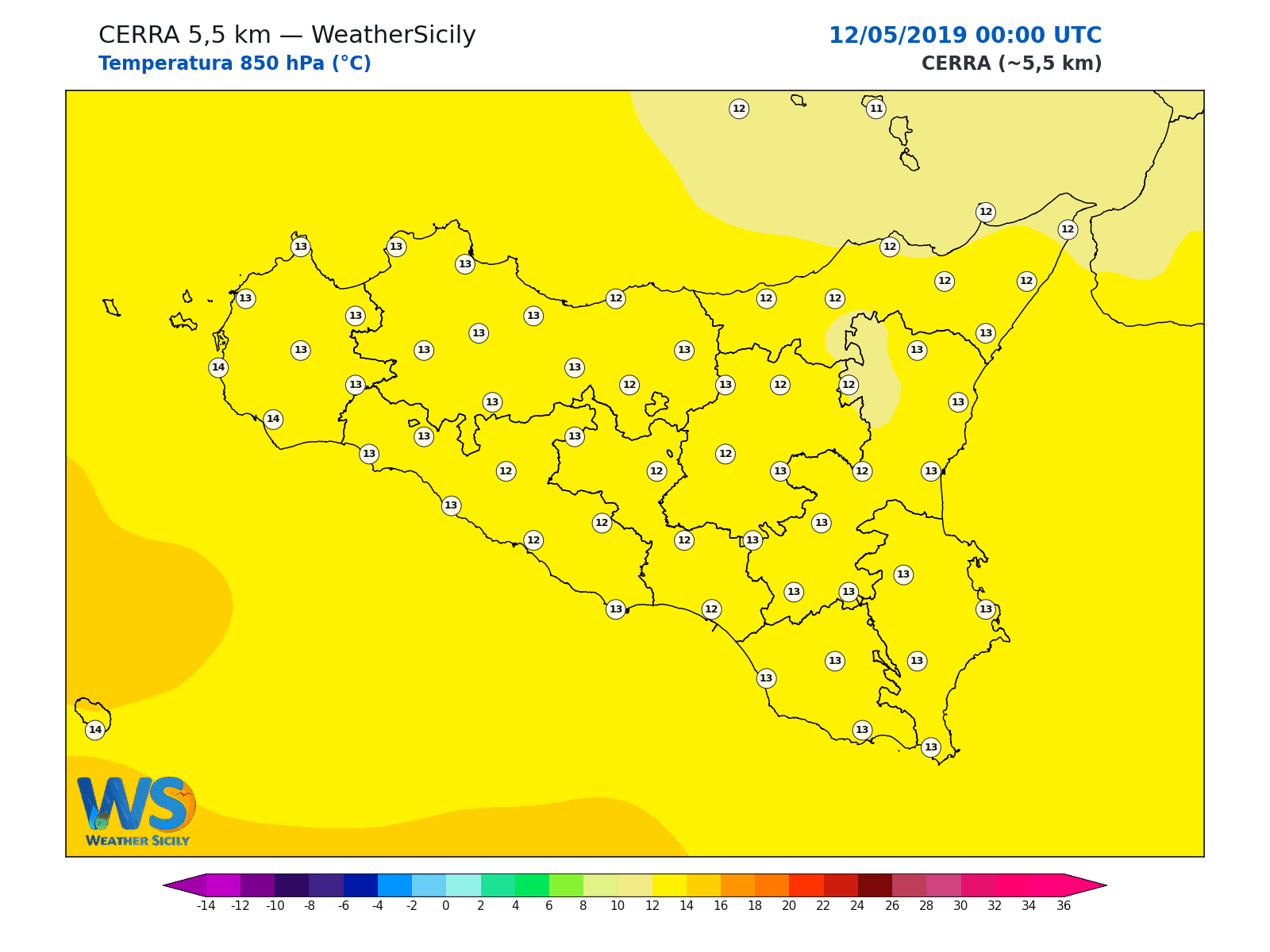 Temperatura a 850 hPa · 2019051200