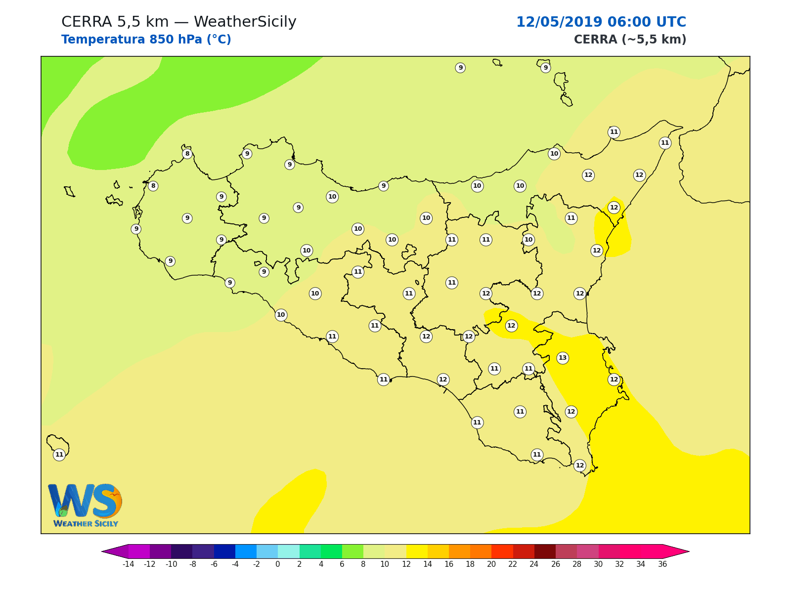 Temperatura a 850 hPa · 2019051206
