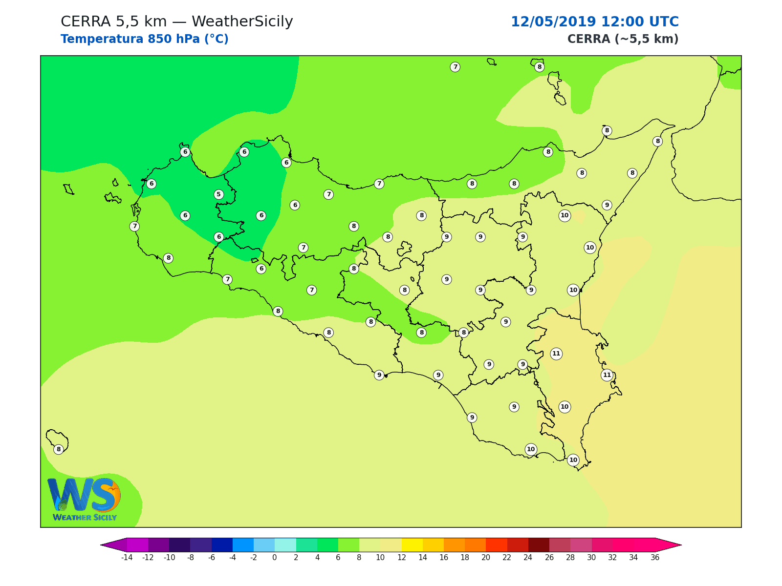 Temperatura a 850 hPa · 2019051212