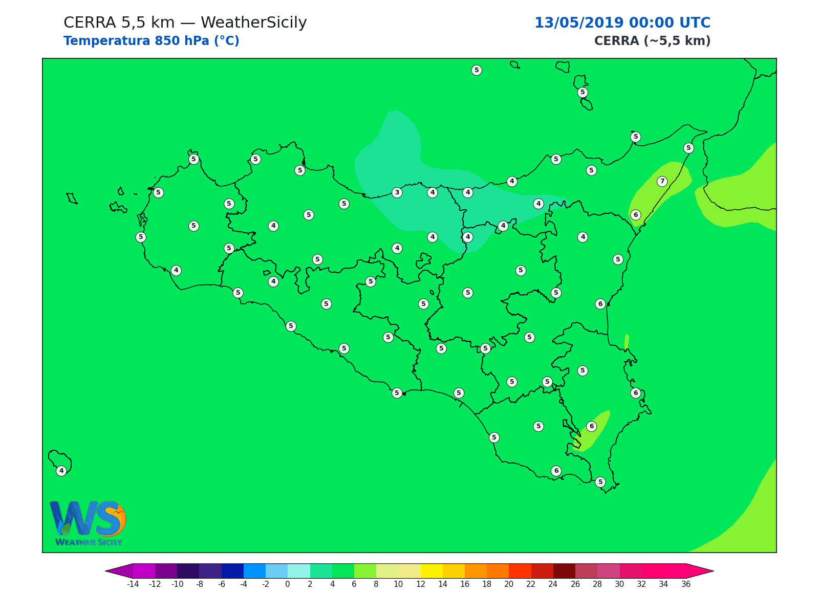 Temperatura a 850 hPa · 2019051300