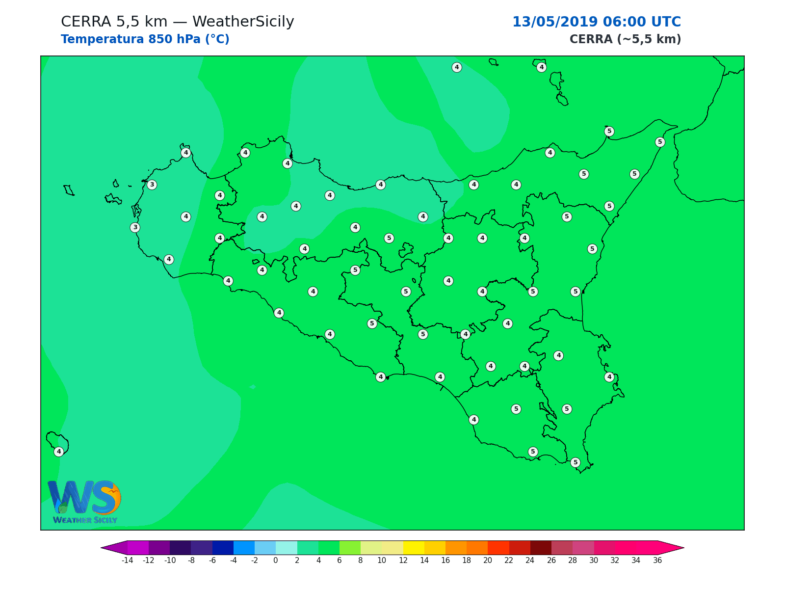 Temperatura a 850 hPa · 2019051306