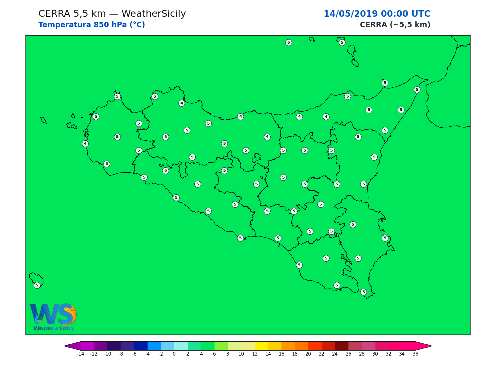 Temperatura a 850 hPa · 2019051400