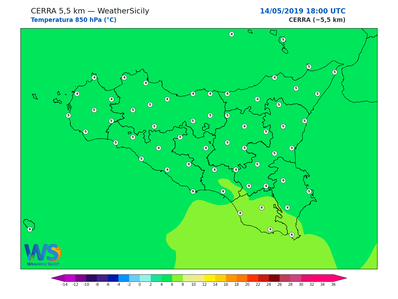 Temperatura a 850 hPa · 2019051418