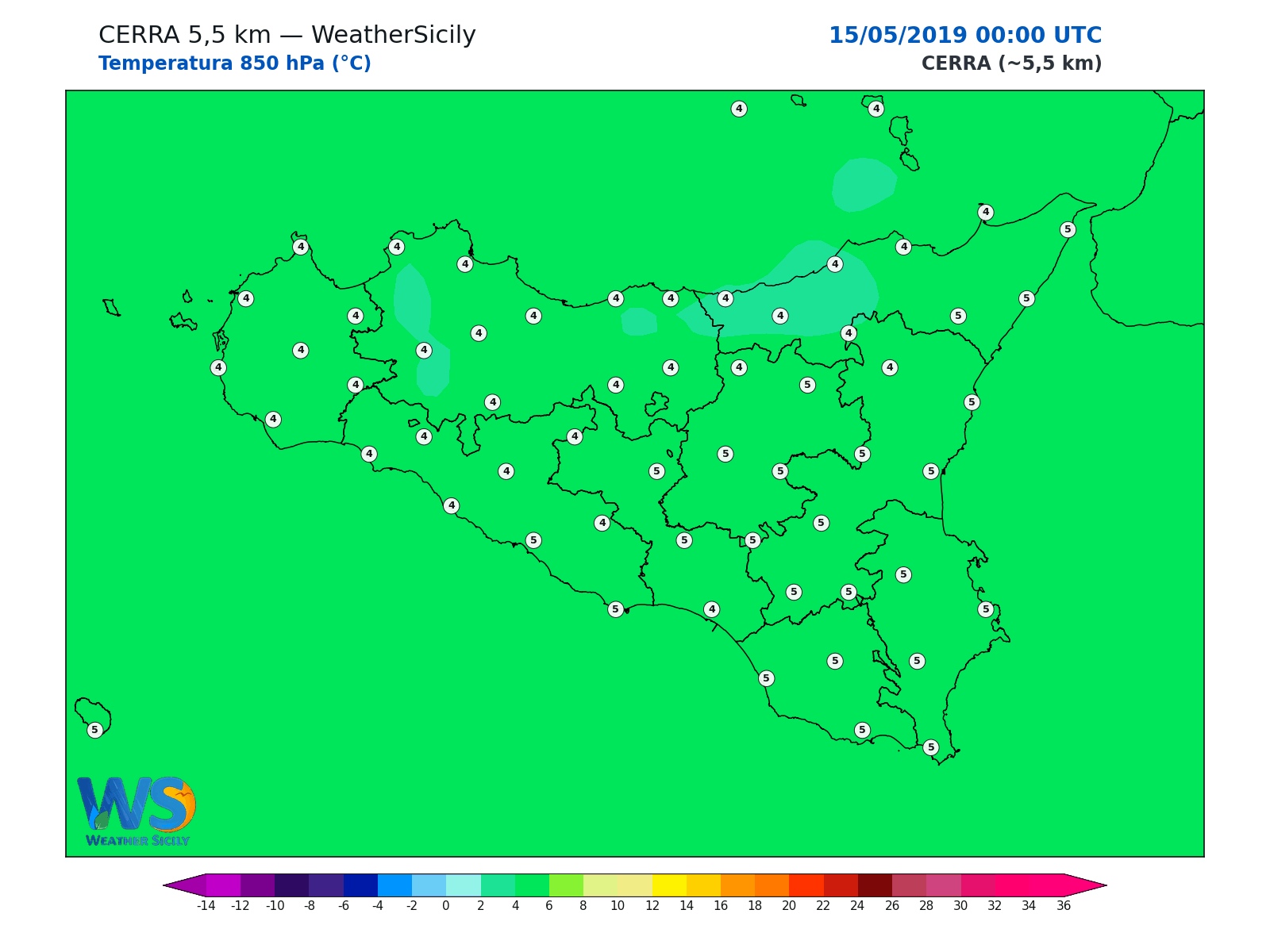 Temperatura a 850 hPa · 2019051500