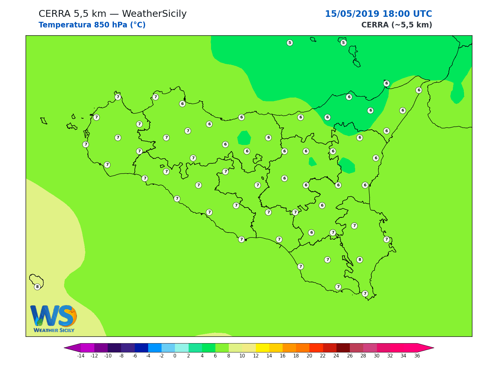 Temperatura a 850 hPa · 2019051518