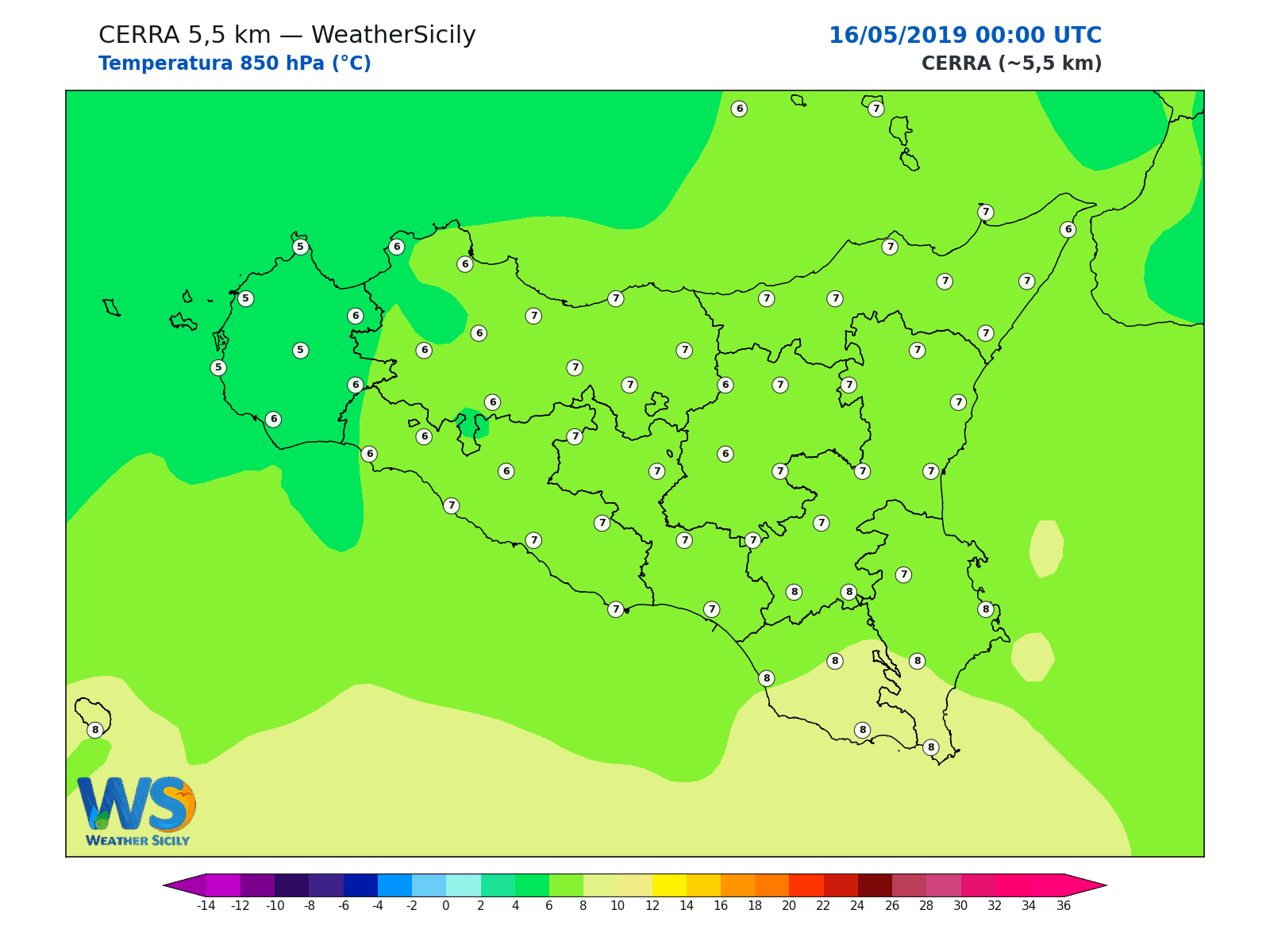Temperatura a 850 hPa · 2019051600