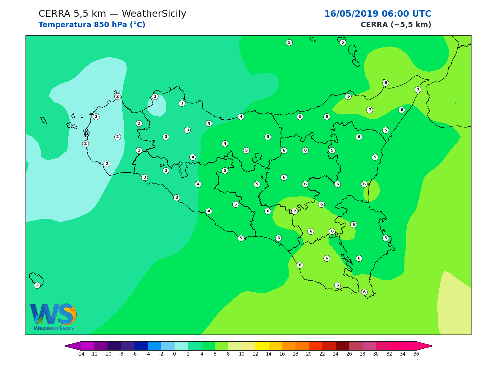 Temperatura a 850 hPa · 2019051606