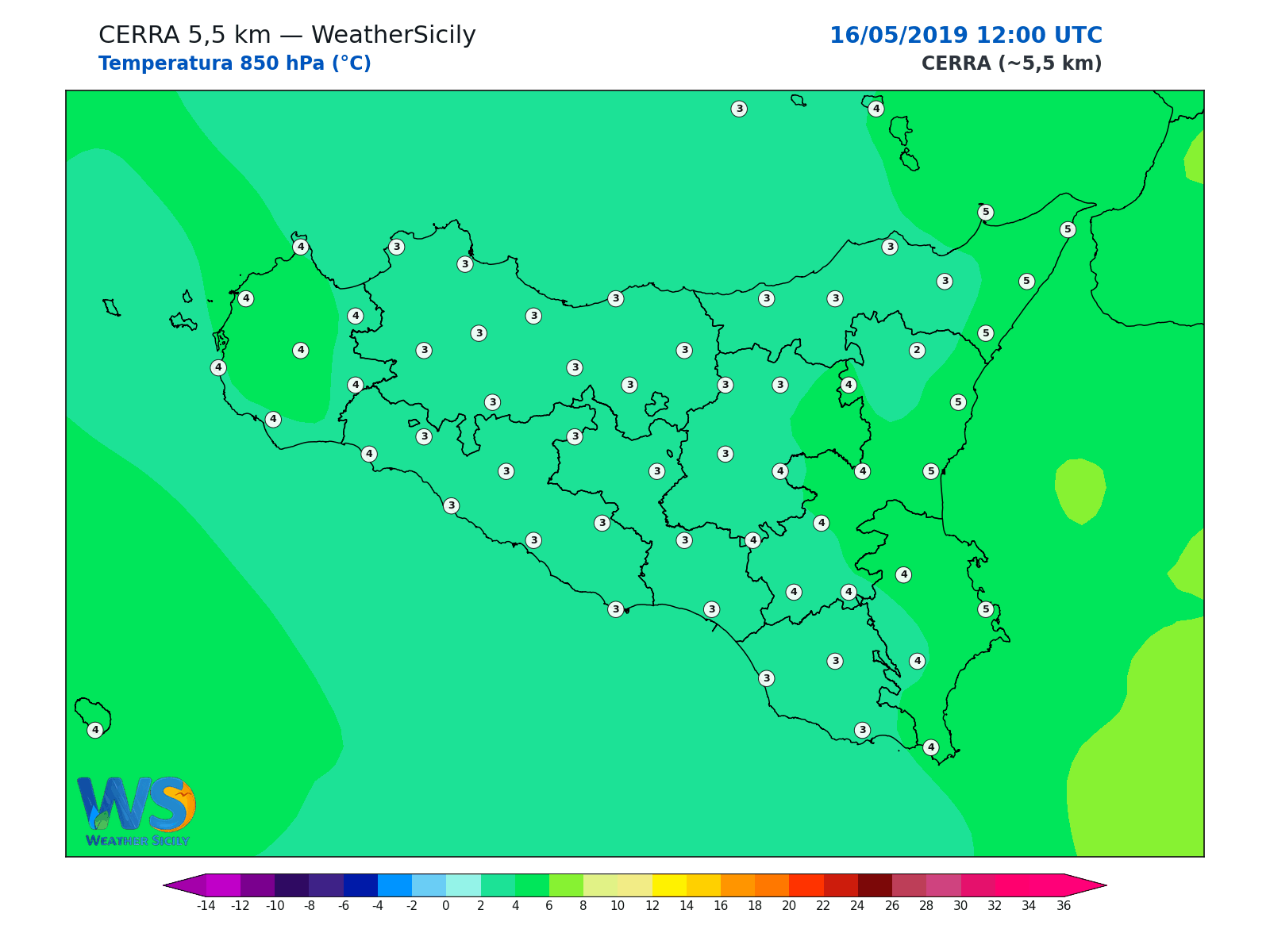 Temperatura a 850 hPa · 2019051612