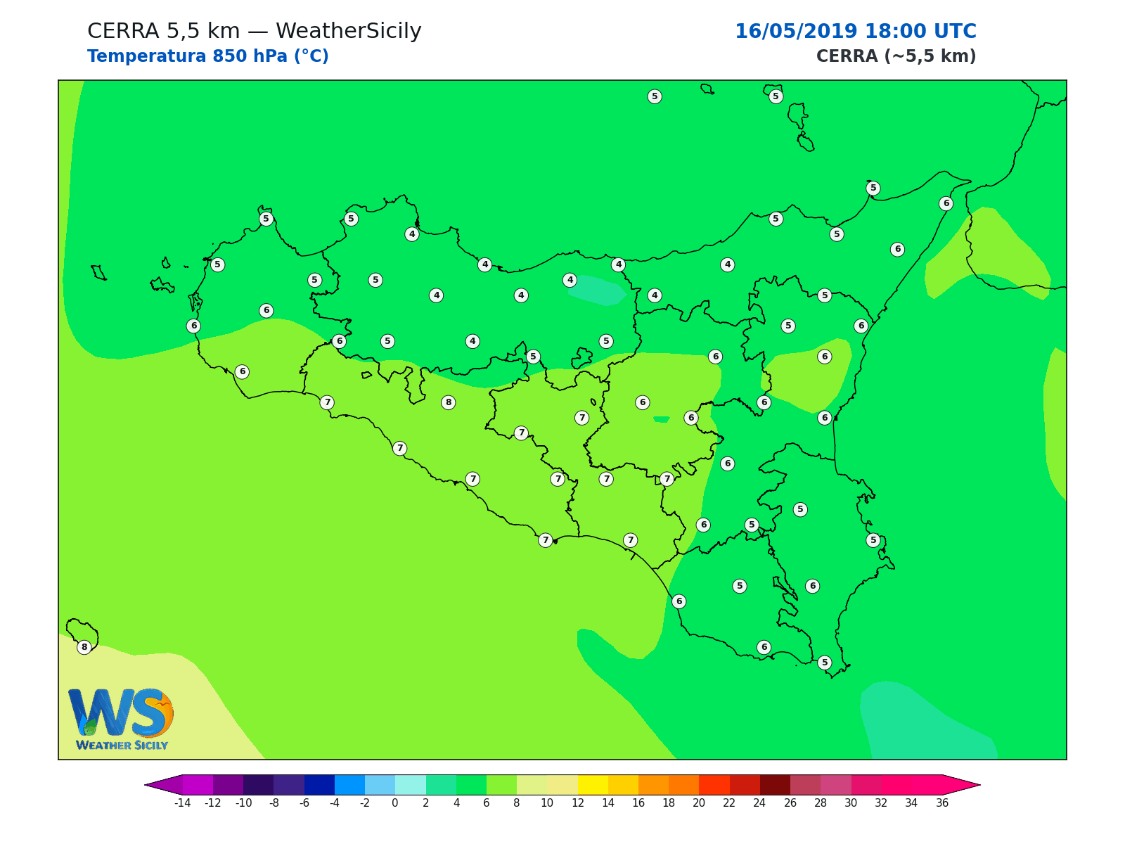 Temperatura a 850 hPa · 2019051618