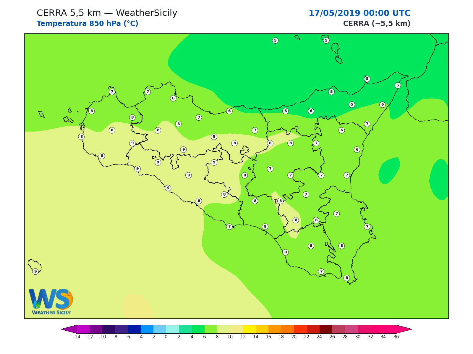 Temperatura a 850 hPa · 2019051700