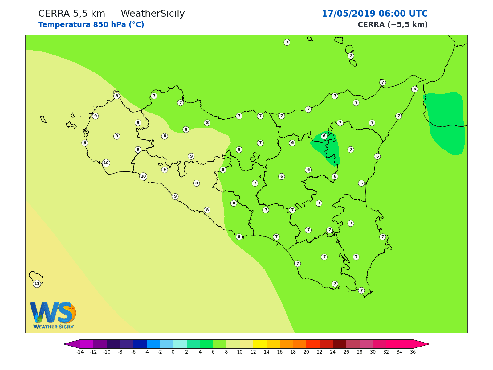 Temperatura a 850 hPa · 2019051706