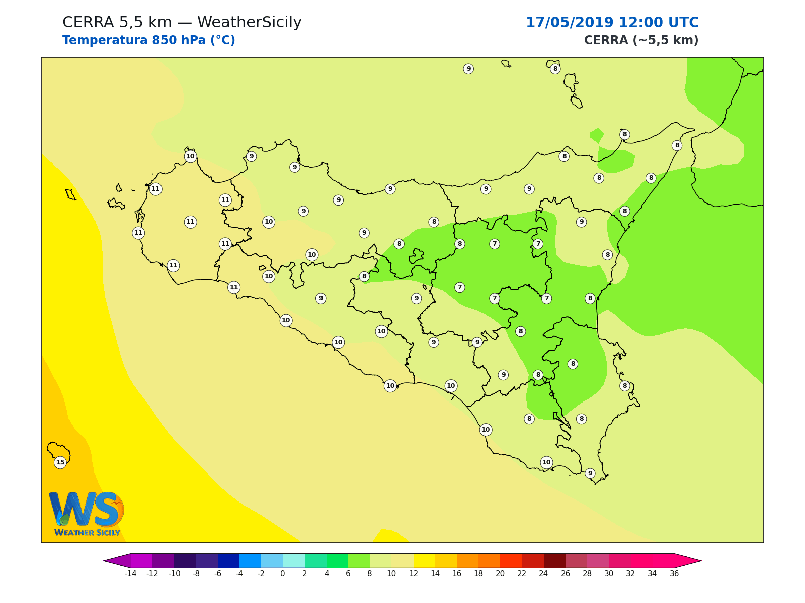 Temperatura a 850 hPa · 2019051712