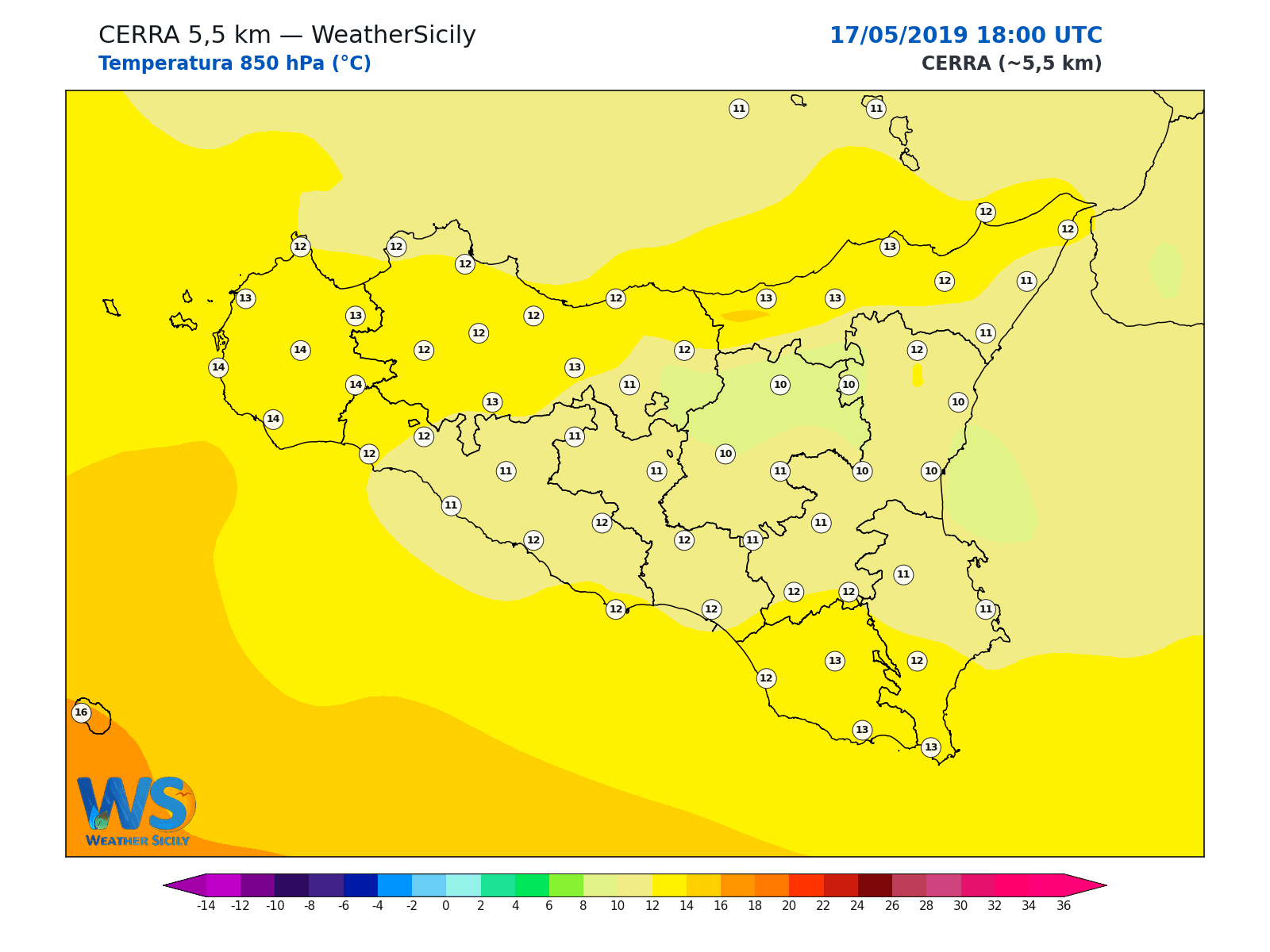 Temperatura a 850 hPa · 2019051718