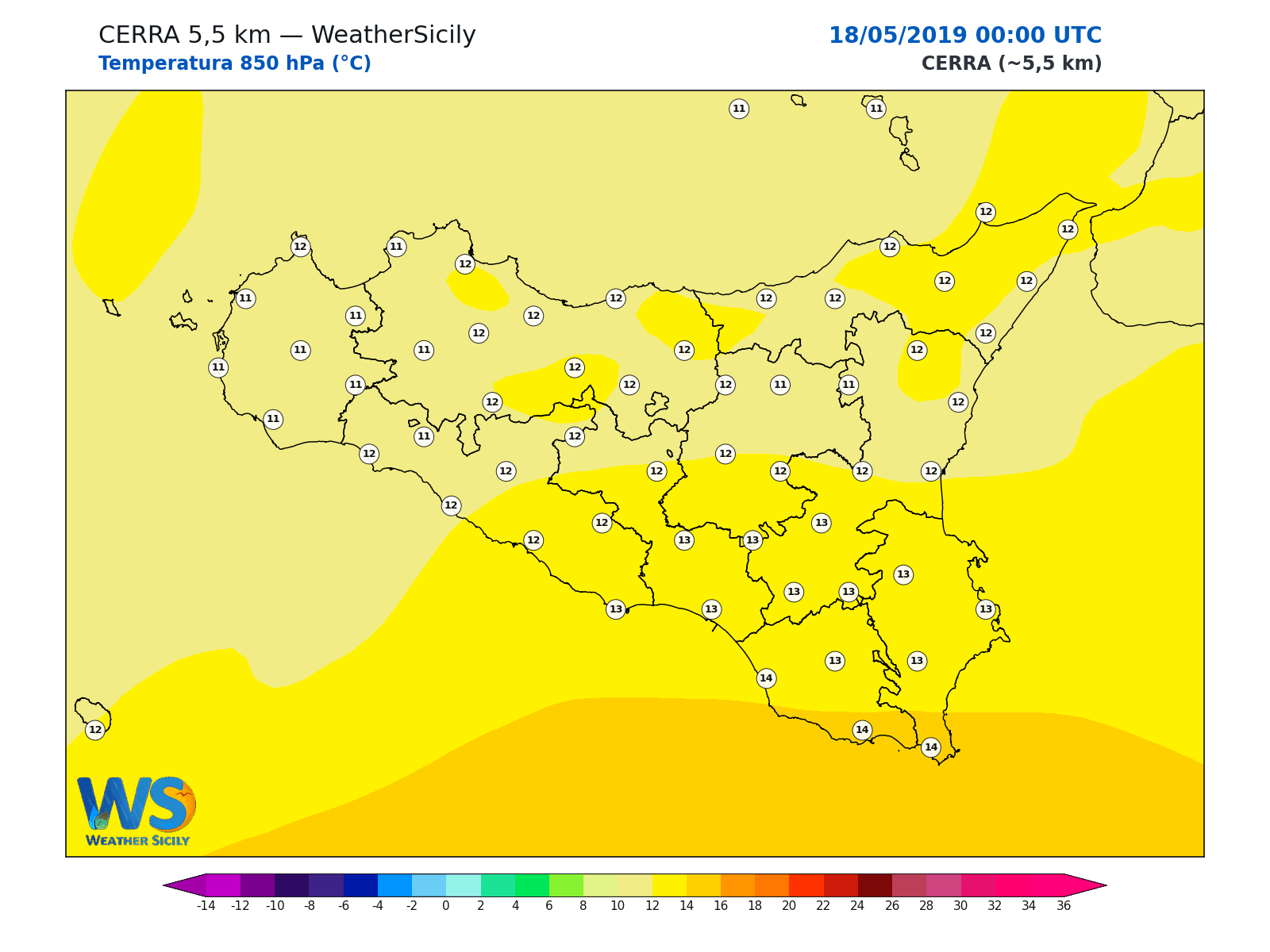 Temperatura a 850 hPa · 2019051800