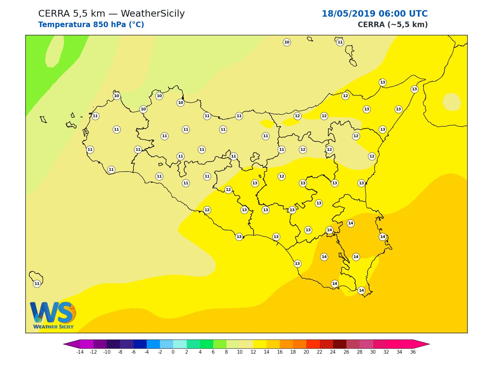 Temperatura a 850 hPa · 2019051806