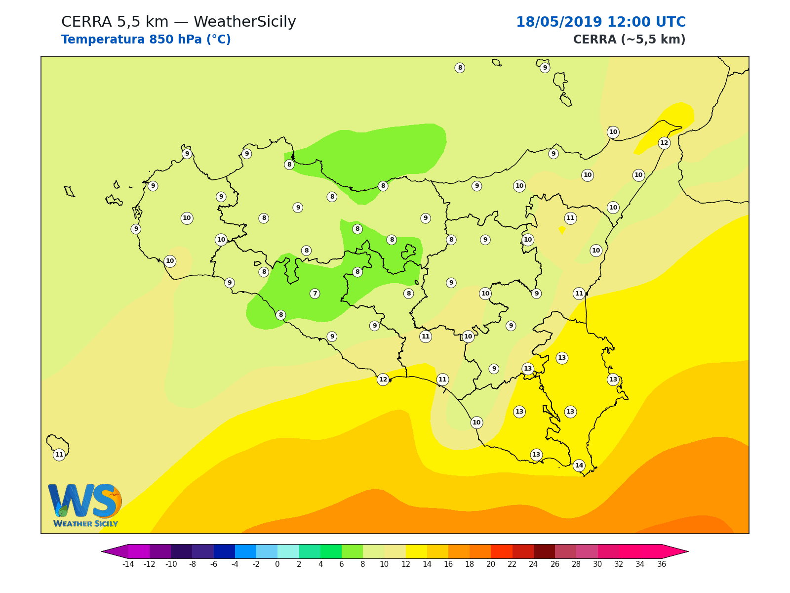 Temperatura a 850 hPa · 2019051812