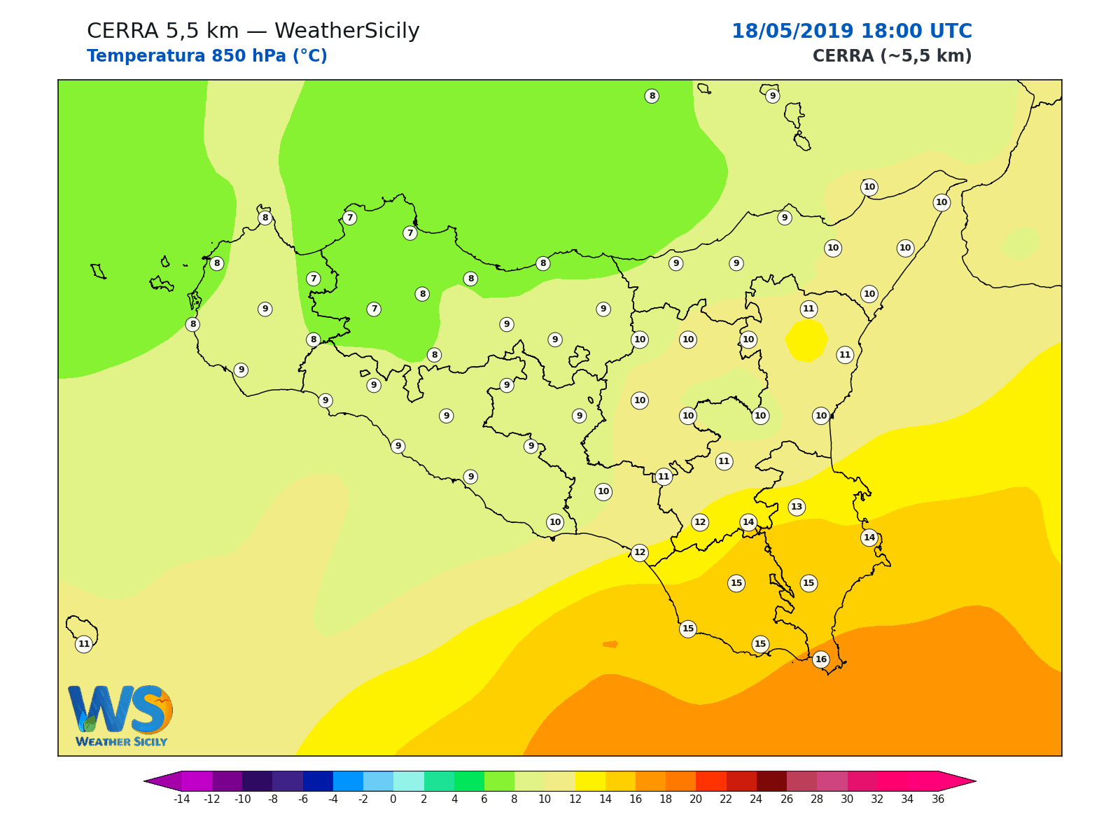 Temperatura a 850 hPa · 2019051818