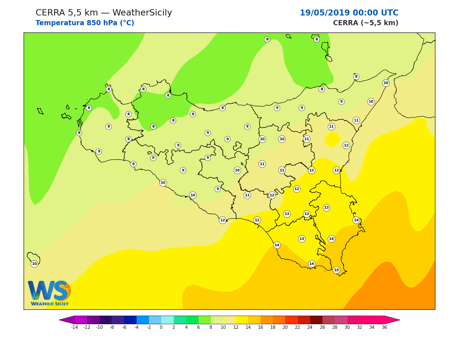 Temperatura a 850 hPa · 2019051900