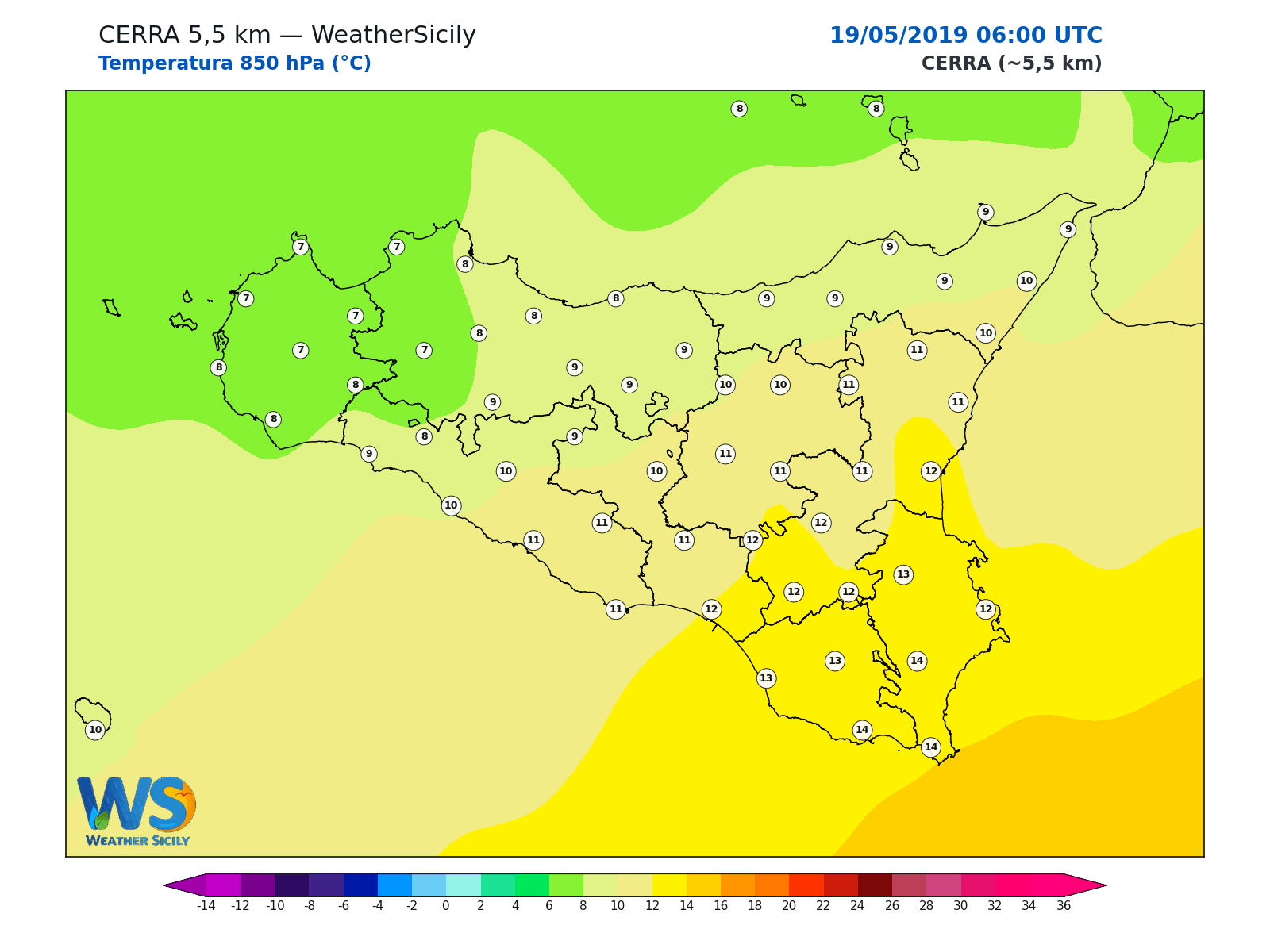 Temperatura a 850 hPa · 2019051906
