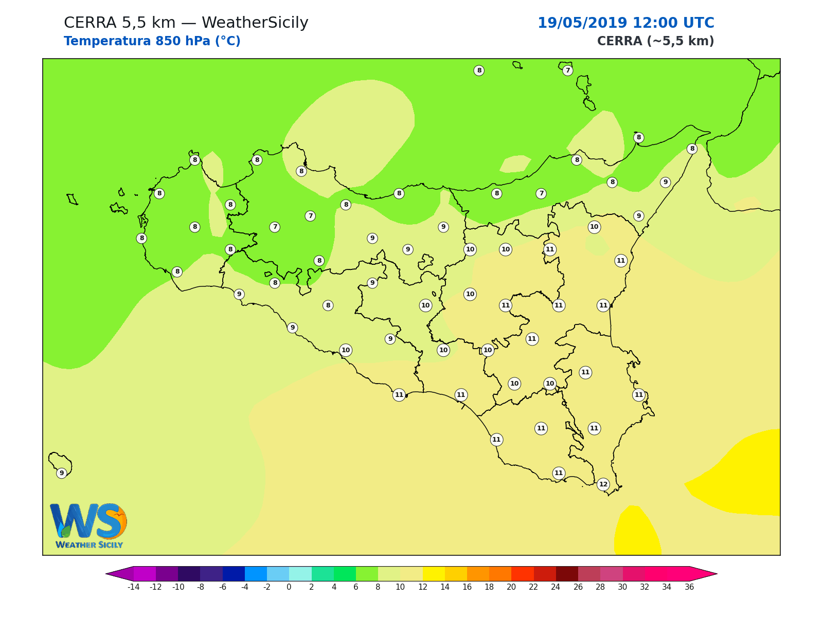 Temperatura a 850 hPa · 2019051912