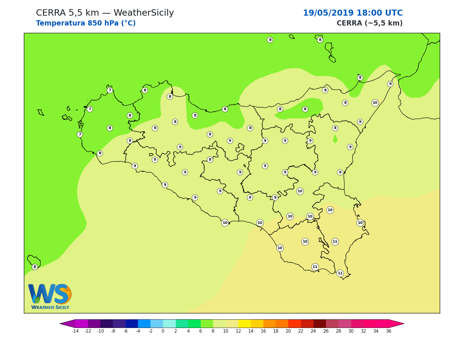Temperatura a 850 hPa · 2019051918