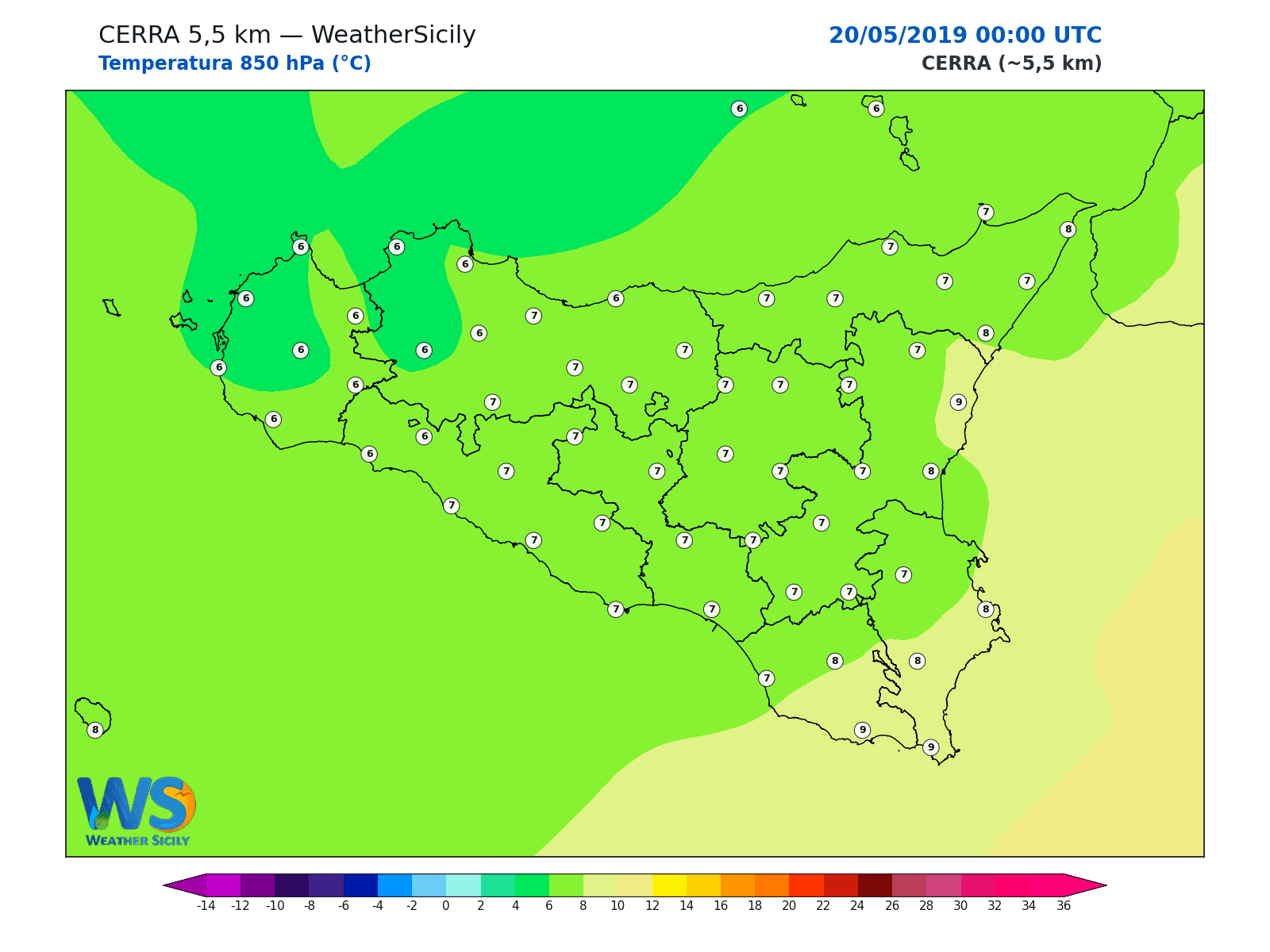 Temperatura a 850 hPa · 2019052000
