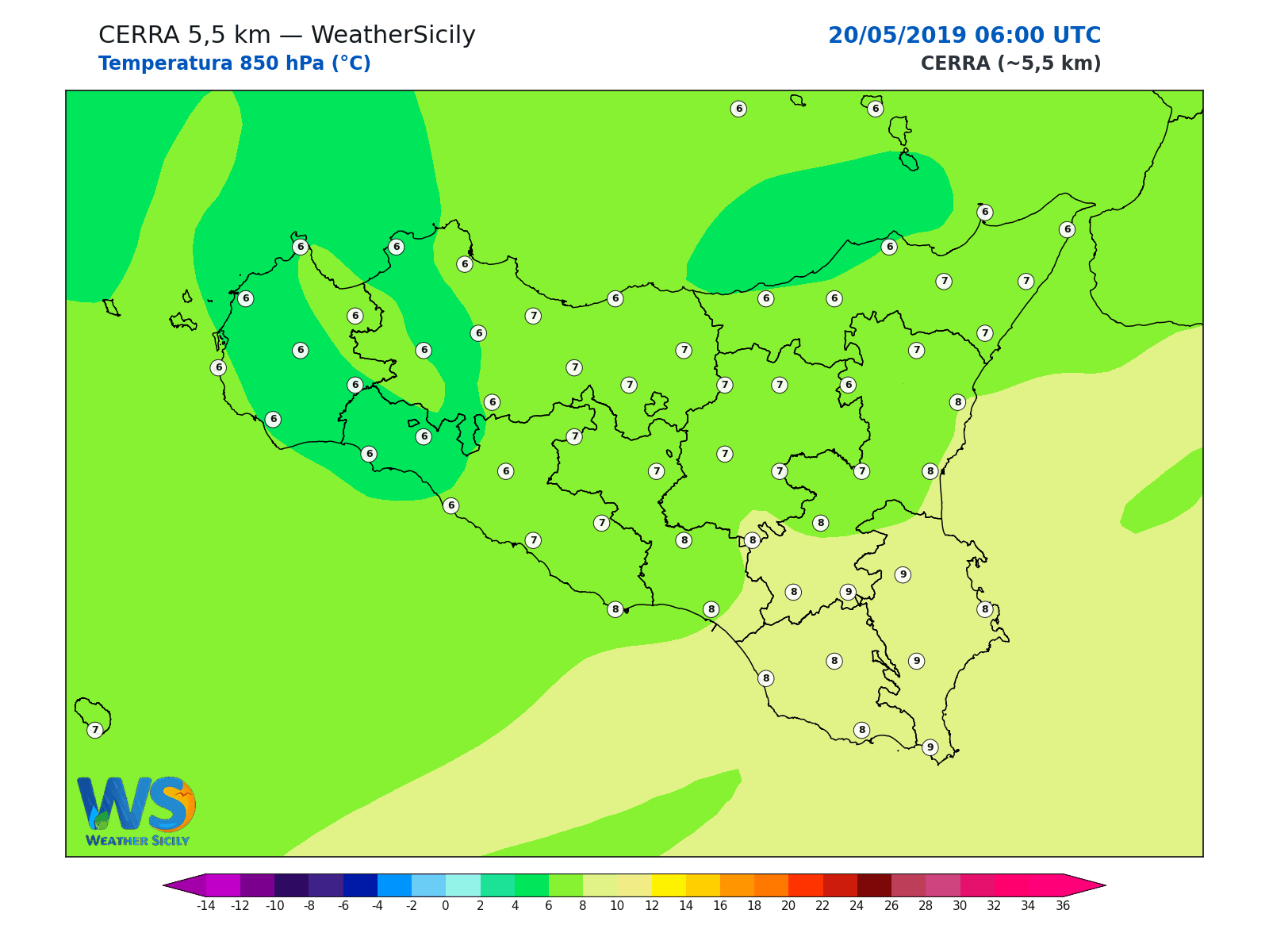 Temperatura a 850 hPa · 2019052006