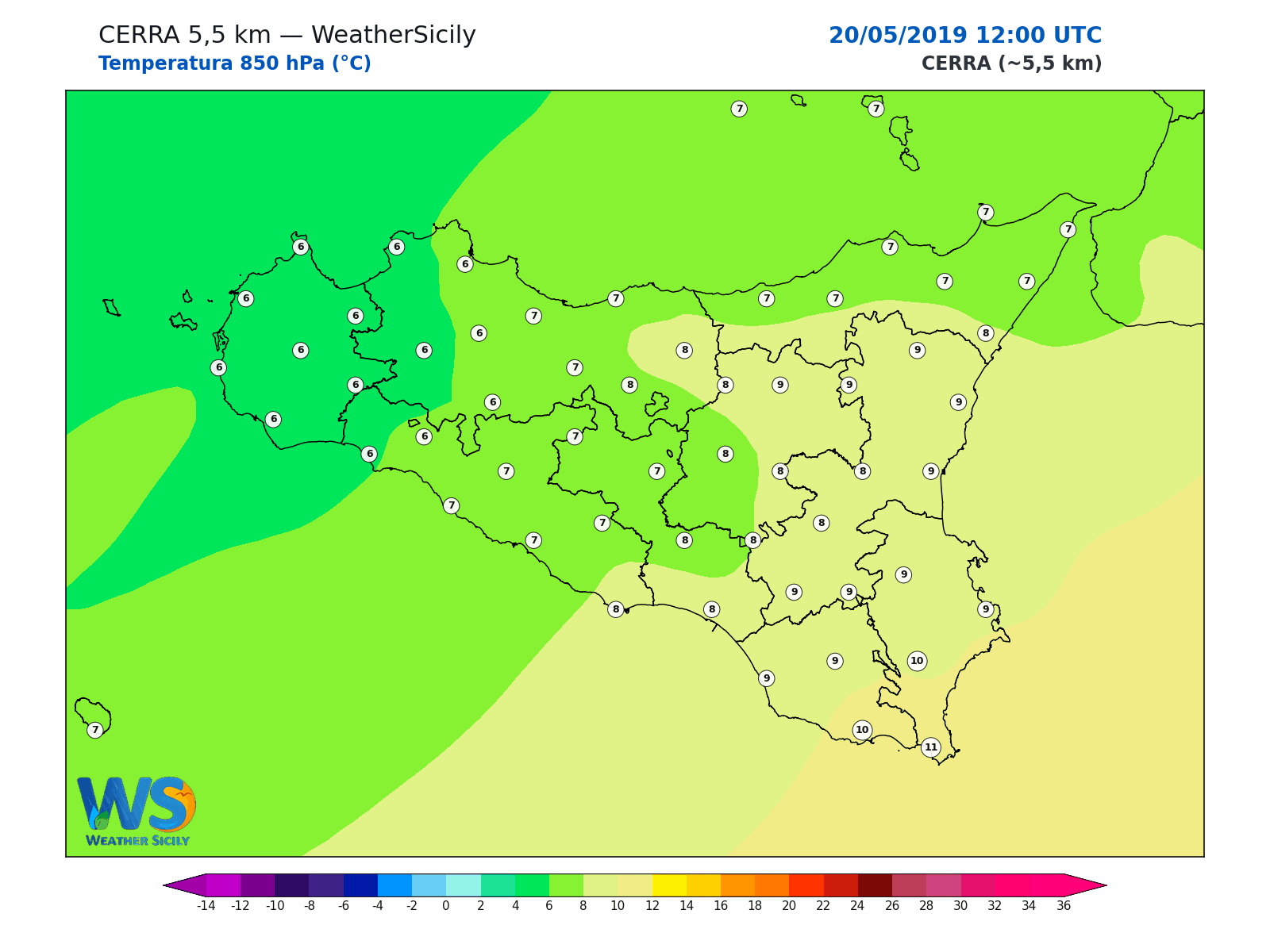 Temperatura a 850 hPa · 2019052012