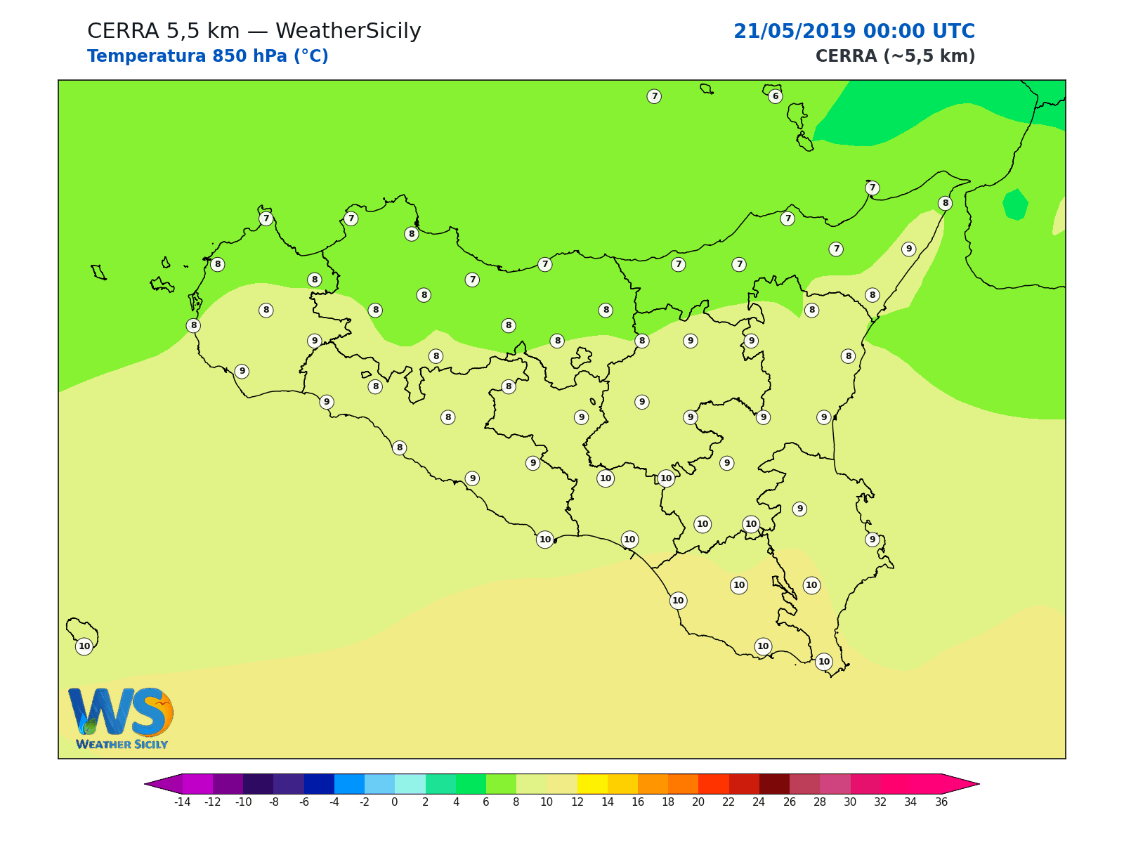 Temperatura a 850 hPa · 2019052100